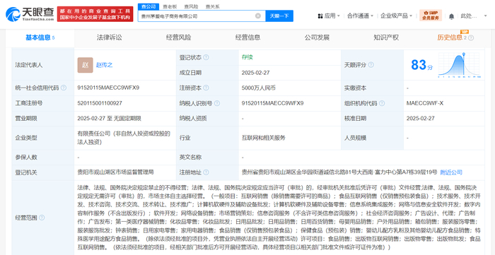 天貓?jiān)谫F州成立茅愛電商公司，注冊(cè)資本5000萬布局計(jì)算機(jī)軟硬件開發(fā)